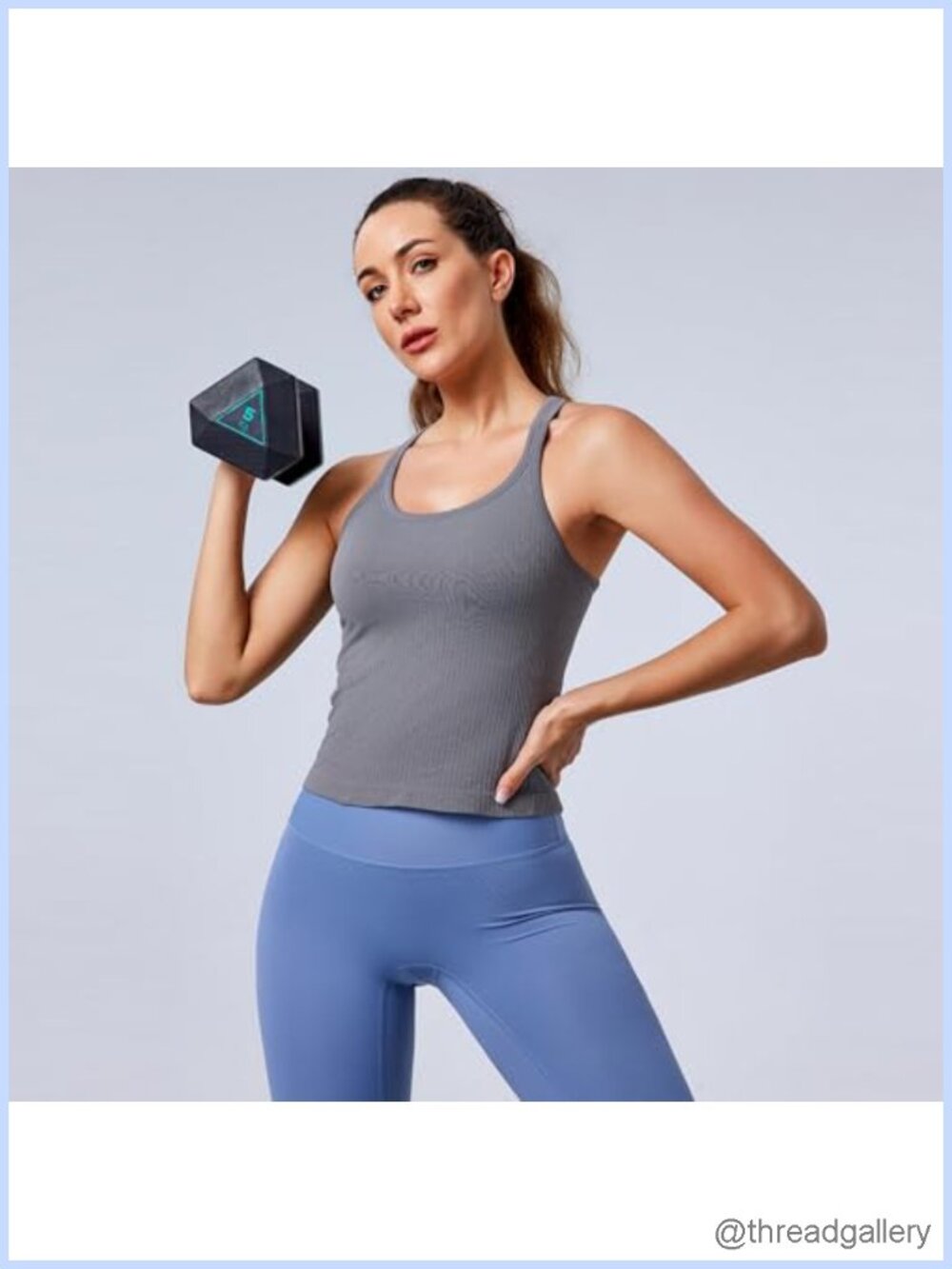 Workout Tank Top with Built-In Bra Racerback Cropped Ribbed Seamless - Picture 2 of 6